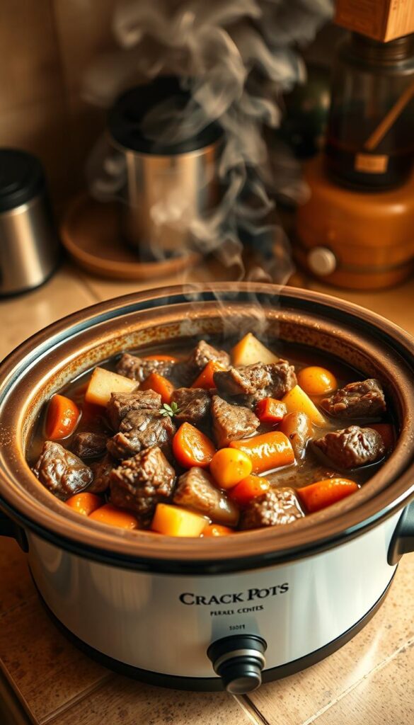 A cozy kitchen counter showcases an enticing crock pot filled with a hearty, slow-cooked beef stew. The rich, savory aroma fills the air as steam rises from the pot, promising a comforting, flavor-packed meal. Chunks of tender beef, potatoes, carrots, and onions simmer together in a thick, glossy broth, accented by fragrant herbs and spices. Warm lighting casts a golden glow, creating an inviting atmosphere. The crock pot, a trusty kitchen appliance, stands ready to transform tough cuts of meat into melt-in-your-mouth perfection. This scene epitomizes the best of stew meat crock pot recipes, capturing the essence of slow-cooked, homestyle goodness.
