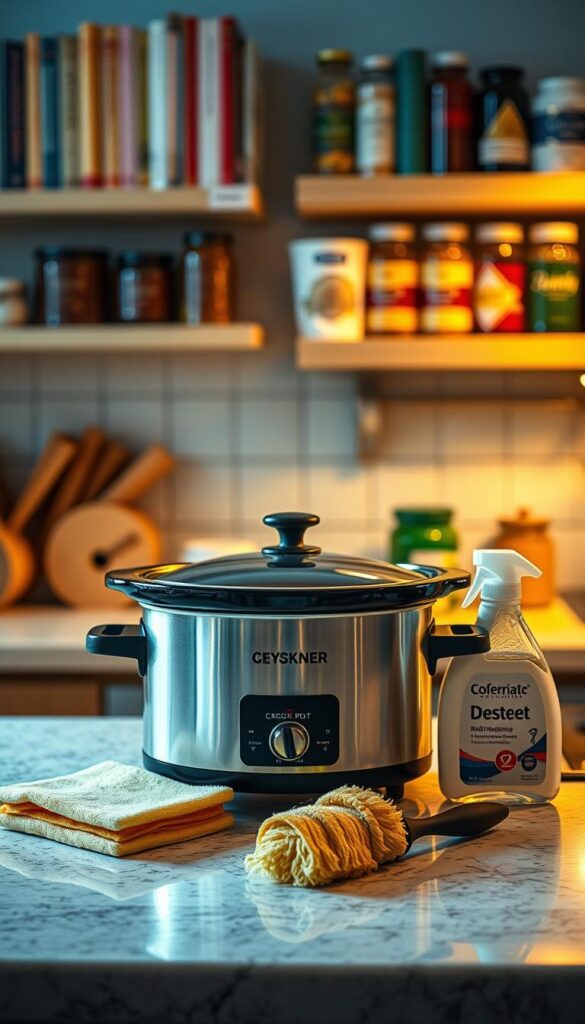 A cozy kitchen countertop, bathed in warm, soft lighting. At the center, a pristine stainless steel crock pot, its surface gleaming with care. Beside it, an array of cleaning tools - a sponge, a scrub brush, and a bottle of mild detergent. In the background, shelves lined with well-worn cookbooks and jars of aromatic spices, hinting at the culinary delights that have emerged from this well-maintained appliance. The overall scene conveys a sense of order, attention to detail, and a deep appreciation for the humble crock pot, the workhorse of the modern kitchen.