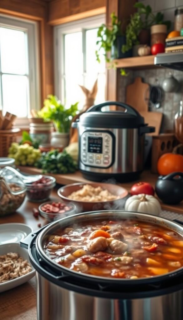 A cozy kitchen filled with a variety of fresh, wholesome ingredients, including a gleaming Instant Pot on the counter, surrounded by chopped vegetables, herbs, and spices. The light streams in through a large window, casting a warm glow over the scene. In the foreground, a family-sized portion of a hearty, slow-cooked stew or soup bubbles away in the Instant Pot, its savory aroma filling the air. The focus is on the ease and convenience of using this versatile appliance to create delicious, nourishing meals for busy families, even on the most hectic of weeknights.