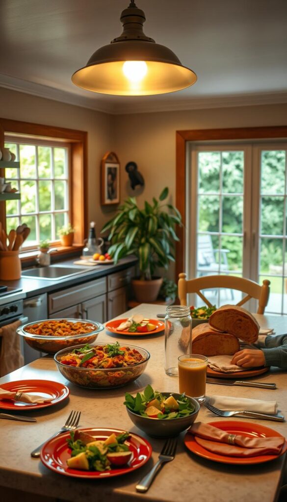 A cozy kitchen filled with the aroma of a delectable family-friendly dinner. On the counter, a hearty casserole, fresh salad, and homemade bread entice the senses. The table is set with vibrant plates, napkins, and utensils, inviting everyone to gather and enjoy a nourishing meal together. Soft overhead lighting casts a warm glow, creating a welcoming atmosphere. In the background, a large window offers a glimpse of a lush, verdant backyard, hinting at the tranquility of the evening. The scene exudes a sense of comfort, love, and the joy of sharing a wholesome, home-cooked dinner with loved ones.