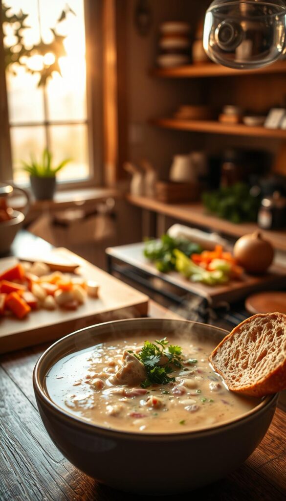 A cozy kitchen scene, bathed in warm, golden light filtering through a window. In the foreground, a steaming bowl of creamy chicken soup, garnished with freshly chopped parsley and a crusty slice of bread. The soup's rich, soothing aroma fills the air, inviting you to savor its comforting flavors. In the middle ground, a cutting board with diced vegetables - carrots, celery, and onions - the building blocks of this nourishing broth. The background reveals a well-stocked pantry, hinting at the care and attention put into this homemade recipe, perfect for chilly winter days.