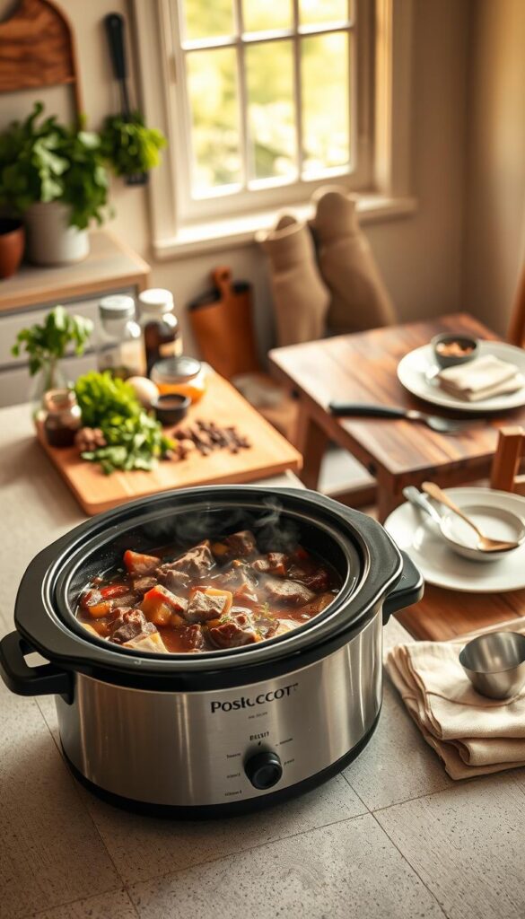 A cozy kitchen scene, bathed in warm, natural lighting. In the foreground, a slow cooker bubbles away, steam rising above a hearty beef stew, with tender chunks of meat, root vegetables, and a rich, savory broth. On the countertop, an assortment of fresh herbs, whole spices, and a cutting board, hinting at the flavorful preparation. In the middle ground, a pair of oven mitts and a ladle, ready to serve the meal. The background features a rustic wooden table, set with simple plates and napkins, conveying the effortless, comforting nature of these easy slow cooker dishes. The overall atmosphere is one of homely, nourishing simplicity, perfect for busy nights.