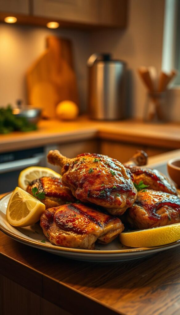 A cozy kitchen scene featuring a delectable plate of juicy, golden-brown bone-in chicken thighs, garnished with fresh herbs and lemon wedges. Warm, soft lighting illuminates the savory dish, set against a backdrop of simple, rustic wooden countertops and a clean, minimalist aesthetic. The chicken thighs glisten with a crispy, caramelized skin, while the tender, succulent meat falls off the bone with ease. The overall mood is one of homey comfort and effortless, weeknight culinary delight.