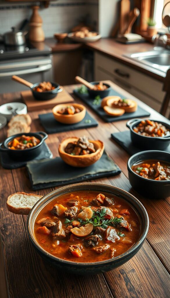 A cozy kitchen scene featuring a rustic wooden table adorned with an assortment of creatively served beef stew dishes. In the foreground, a large bowl of hearty stew, garnished with fresh herbs and served alongside crusty bread. In the middle ground, individual servings presented in unique vessels like hollowed-out bread bowls, miniature cast iron pots, and artfully arranged on slate boards. The background showcases a warm, softly lit environment, with hints of kitchen accoutrements and a welcoming atmosphere. The overall impression conveys a sense of comfort, culinary innovation, and the inviting nature of this classic dish.