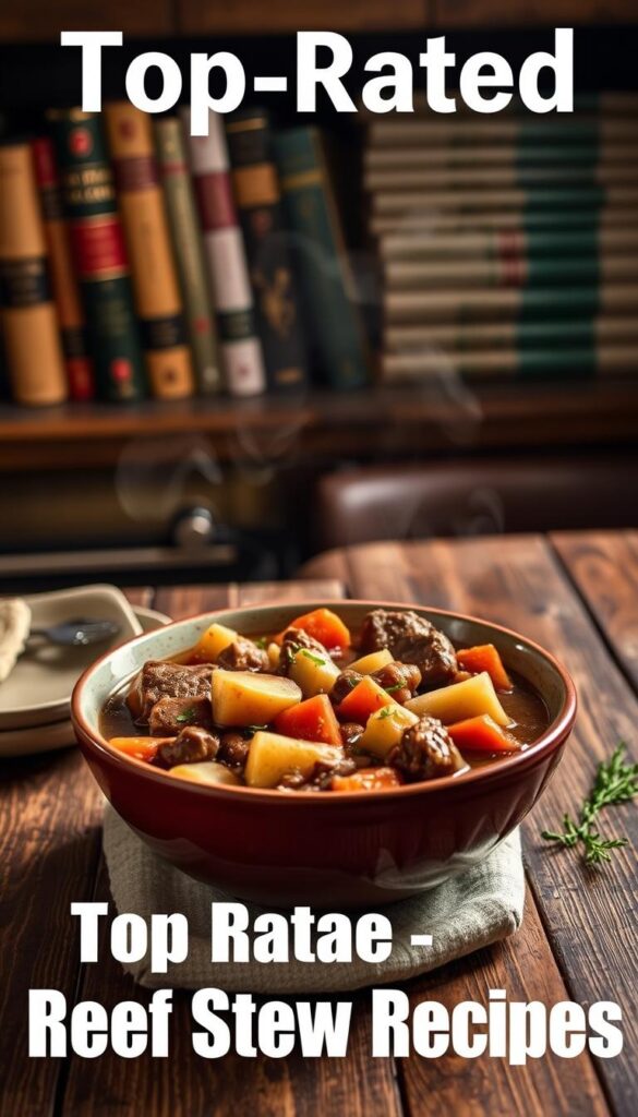A cozy kitchen scene featuring a rustic wooden table topped with a steaming bowl of homemade beef stew. The stew is rich and thick, with tender chunks of beef, carrots, potatoes, and herbs. The lighting is warm and inviting, casting a soft glow over the scene. In the background, a row of neatly stacked cookbooks add a touch of culinary elegance. The overall composition evokes a sense of comfort and satisfaction, perfectly capturing the essence of "Top-Rated Beef Stew Recipes".