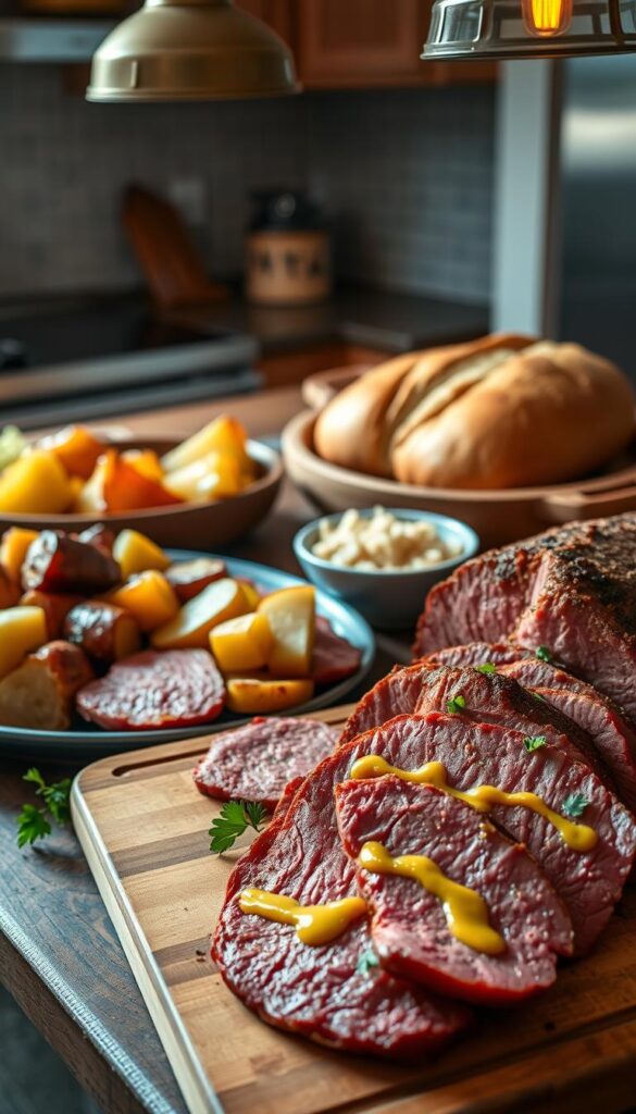 A cozy kitchen scene showcasing a variety of serving suggestions for tender, slow-cooked corned beef. In the foreground, a wooden cutting board displays thin slices of corned beef, garnished with fresh parsley and a drizzle of mustard sauce. Alongside, a platter of roasted potatoes and cabbage wedges, their golden-brown edges glistening under warm pendant lighting. In the middle ground, a hearty loaf of rye bread and a small bowl of sauerkraut sit atop a rustic farmhouse-style table, inviting the viewer to imagine pairing these classic accompaniments. The background features a tiled backsplash and a glimpse of stainless steel appliances, creating a welcoming, homestyle ambiance.