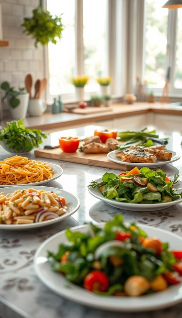 A cozy kitchen scene with a countertop filled with a variety of healthy, easy-to-prepare dinner options. In the foreground, there are plates of freshly-cooked pasta, grilled chicken, steamed vegetables, and a vibrant green salad. The middle ground features a cutting board with chopped ingredients like bell peppers, onions, and herbs, along with a few kitchen utensils. The background showcases a bright, airy space with natural light streaming in through large windows, creating a warm and inviting atmosphere. The overall mood is relaxed and approachable, reflecting the "easy" and "healthy" themes. Lighting is soft and diffused, with a subtle depth of field to draw the viewer's attention to the main food items. The composition is balanced and visually appealing, capturing the essence of "easy family dinner ideas for busy weeknights."