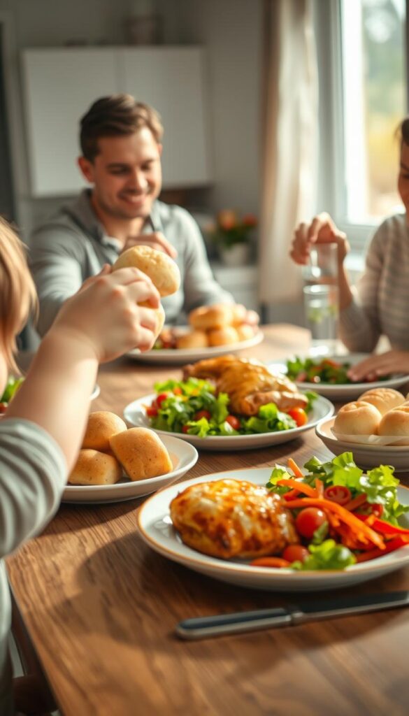 A cozy kitchen scene with a family gathered around a simple, but wholesome dinner: tender roasted chicken, a vibrant salad, and warm, buttery rolls. Soft, natural lighting streams in through a nearby window, casting a gentle glow on the faces of the family members as they enjoy each other's company. In the foreground, a child's hand reaches for a roll, while a parent pours a glass of water. The middle ground features the main meal, artfully plated on a wooden table, surrounded by modest, everyday dishware. The background blurs into a softly-hued domestic interior, hinting at the comfort and familiarity of a familiar family home.