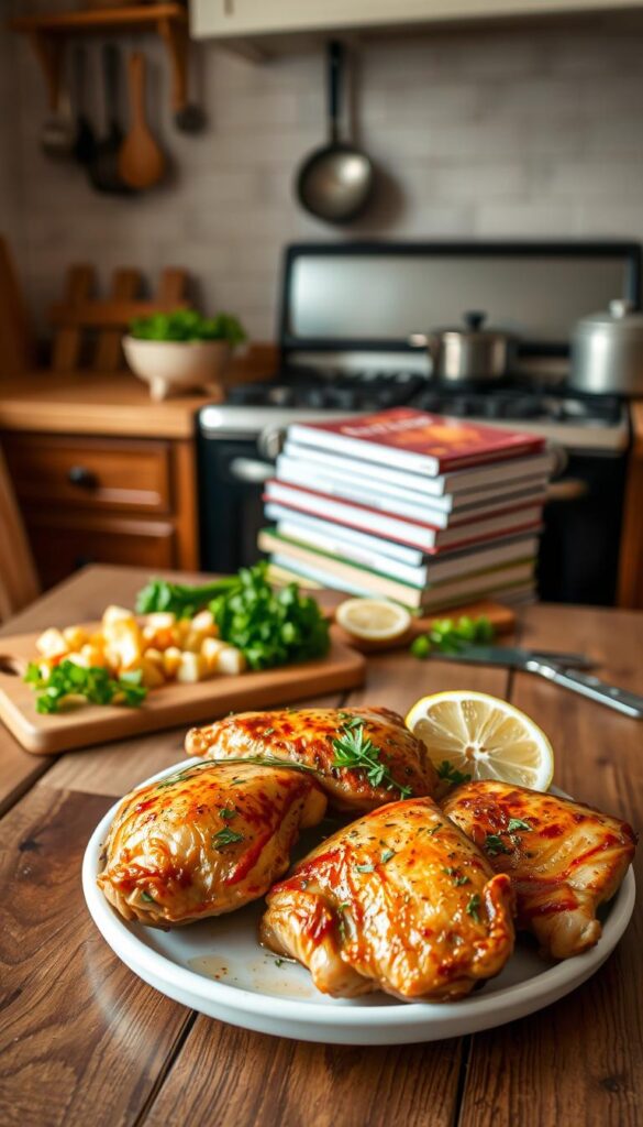 A cozy kitchen scene with a wooden table in the foreground, showcasing a platter of golden-brown, juicy chicken thighs garnished with fresh herbs and lemon wedges. In the middle ground, a chopping board with diced vegetables and a stack of recipe books, hinting at the delicious meal to come. The background features a warm, softly-lit interior with a classic stove and a few kitchen utensils hanging on the wall, creating an inviting and homely atmosphere. The overall composition conveys the simplicity and ease of preparing tasty, family-friendly chicken thigh dishes for a weeknight dinner.