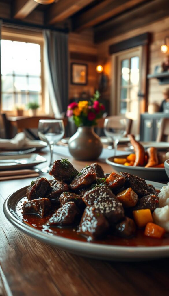 A cozy kitchen scene with a wooden table, set with a family-style meal of tender beef tips in a rich, fragrant sauce, served alongside roasted vegetables and fluffy mashed potatoes. Warm lighting from a nearby window casts a soft glow, creating an inviting and homely atmosphere. In the foreground, the main dish is the focal point, garnished with fresh herbs and a sprinkle of cracked black pepper. The middle ground features place settings, napkins, and a simple floral centerpiece, while the background showcases a charming farmhouse-style interior with exposed beams and a hint of a family gathering. The overall mood is comforting, wholesome, and family-friendly.