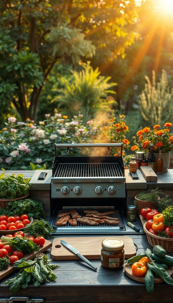 A cozy outdoor kitchen setup with a large charcoal grill at the center, surrounded by an array of fresh ingredients and summer produce - juicy tomatoes, crisp greens, aromatic herbs, and vibrant bell peppers. The grill is flanked by a tidy prep station with cutting boards, utensils, and marinades. In the background, a verdant garden with blooming flowers creates a lush, idyllic atmosphere. Warm, golden sunlight filters through the trees, casting a soft, inviting glow over the scene. The overall mood is one of relaxation, anticipation, and the joy of preparing a delicious, al fresco summer meal.