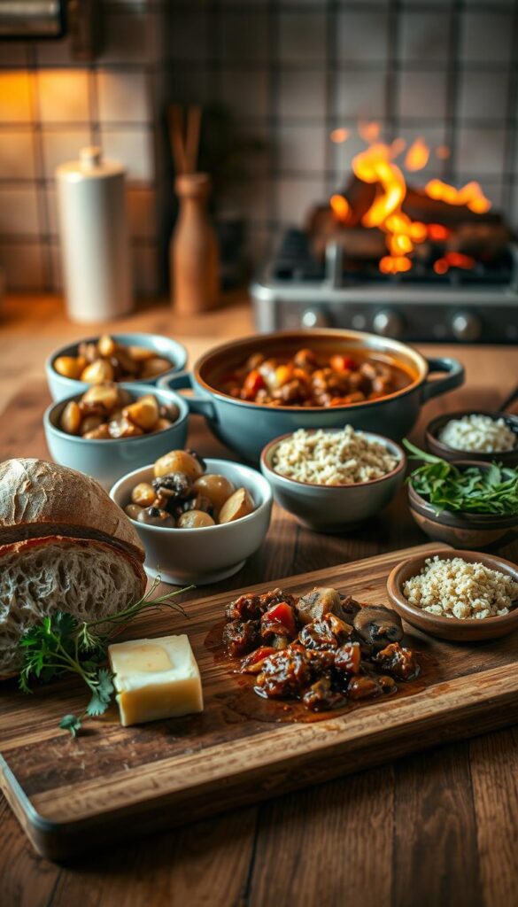 A cozy, rustic kitchen counter featuring a variety of hearty stew accompaniments. In the foreground, crusty bread, fresh herbs, and a pat of butter sit on a wooden cutting board. In the middle ground, a steaming bowl of beef stew takes center stage, surrounded by bowls of savory toppings like roasted potatoes, sautéed mushrooms, and grated cheese. The background showcases a warm, inviting atmosphere with soft lighting, a vintage-inspired backsplash, and the gentle haze of a crackling fireplace. The overall scene evokes a comforting, homemade vibe perfect for pairing with a delicious, slow-cooked stew on a chilly evening.