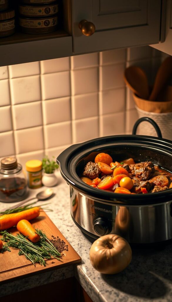 A cozy, well-lit kitchen counter showcases a slow cooker filled with a rich, hearty beef stew. The stew features tender chunks of meat, a savory broth, and an assortment of fresh vegetables like carrots, potatoes, and onions. The countertop is adorned with a few of the recipe's key ingredients, such as herbs, spices, and a ladle, creating a visually appealing still-life scene. The lighting casts a warm, inviting glow, and the overall composition suggests the comforting nature of an easy crockpot stew. The scene evokes a sense of domestic tranquility and the satisfaction of a fulfilling homemade meal.