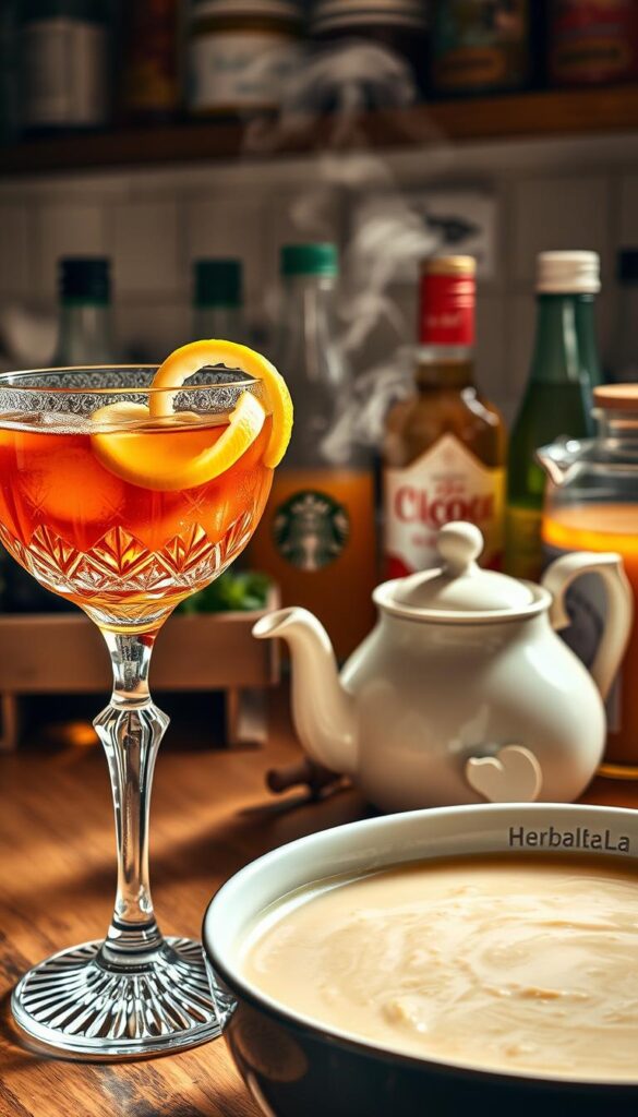 A cozy, well-lit kitchen scene featuring an assortment of beverages artfully arranged alongside a steaming bowl of creamy chicken soup. In the foreground, an elegant crystal glass filled with a rich, amber-hued craft cocktail, garnished with a fresh lemon twist. In the middle ground, a vintage-style ceramic teapot and a delicate porcelain teacup, steam gently rising. In the background, a collection of bottled craft sodas, local artisanal juices, and a rustic-looking carafe of freshly brewed herbal tea. The lighting is warm and inviting, creating a soothing, comforting atmosphere perfect for enjoying a bowl of homemade cream of chicken soup.
