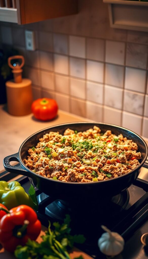 A cozy, well-lit kitchen scene with a large cast-iron skillet on the stove, filled with a sizzling mixture of ground turkey, diced vegetables, and fragrant herbs. The skillet is the focal point, surrounded by a tidy countertop and backsplash, with fresh ingredients such as bell peppers, onions, and garlic in the foreground. The lighting is warm and inviting, casting a golden glow over the scene, and the camera angle is slightly elevated to showcase the delicious-looking dish. The overall atmosphere is one of simple, wholesome home cooking, conveying the ease and comfort of preparing a tasty ground turkey skillet recipe.