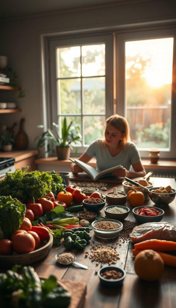 A cozy, well-lit kitchen with a wooden table in the foreground, covered in an assortment of fresh ingredients - vibrant vegetables, lean proteins, and various spices. In the middle ground, a person sits at the table, intently studying a recipe book, a pen in hand as they plan out a nutritious weight loss dinner menu. The background features a window overlooking a lush, serene garden, the warm evening sunlight streaming in, casting a soft glow over the scene. The overall atmosphere is one of focused, mindful meal planning, with a sense of calm and intention.