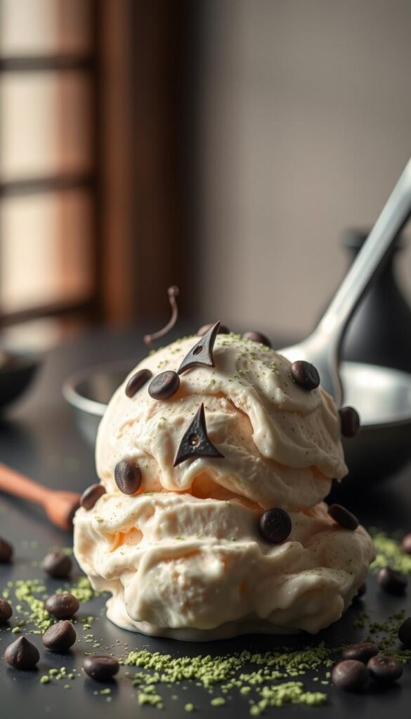 A creamy, luscious ice cream with ninja-inspired accents, illuminated by soft, diffused lighting. In the foreground, a scoop of rich, pale-colored ice cream, garnished with delicate shuriken-shaped chocolate chips and a sprinkle of matcha powder, creating a dramatic, monochromatic contrast. In the middle ground, a chilled, stainless-steel serving dish, hinting at the precision and discipline of the ninja way. The background features a minimalist, Japanese-inspired setting, with a blurred, muted palette suggesting tranquility and focus. The overall scene evokes a sense of elegant simplicity, where the ninja-themed elements seamlessly integrate with the pure, creamy indulgence of the ice cream.