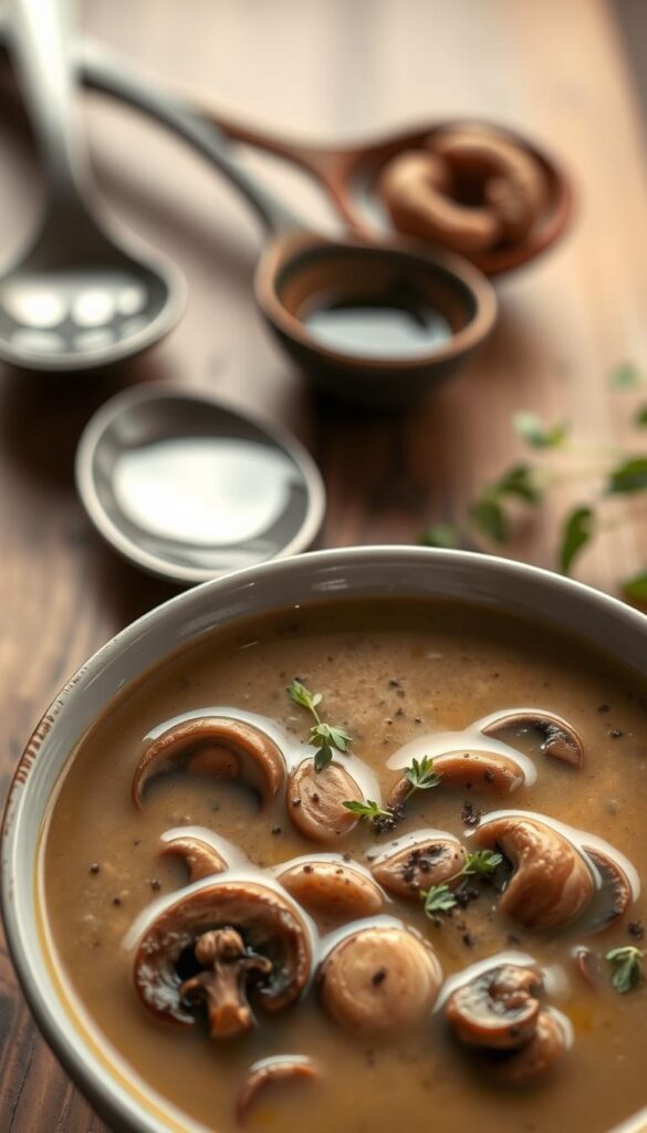 A creamy, soothing vegan mushroom soup with a rich, earthy aroma and a silky, light-reflecting surface. In the foreground, a bowl filled with a mixture of various mushrooms - oyster, shiitake, and cremini - simmered in a smooth, aromatic broth. Garnished with delicate micro greens, freshly cracked black pepper, and a drizzle of high-quality olive oil. The middle ground features a pair of artisanal ceramic soup spoons, their glazed surfaces catching the soft, diffused lighting. In the background, a rustic wooden table, its grain and texture adding warmth and depth to the scene. The overall mood is one of comfort, nourishment, and culinary sophistication.