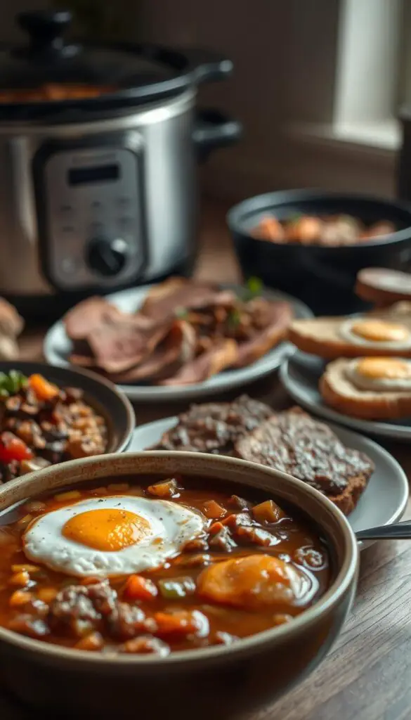 A delectable arrangement of leftover roast beef dishes, captured in a warm, cozy kitchen setting. In the foreground, a hearty bowl of beef and vegetable stew, its rich broth glistening. Beside it, a plate of savory beef hash, crowned with a perfectly runny fried egg. In the middle ground, slices of succulent roast beef nestled between crusty bread, the edges lightly toasted. In the background, a slow cooker simmers, releasing the enticing aroma of a beef and barley soup. Soft, indirect lighting casts a comforting glow, setting the stage for a satisfying meal made from the remnants of a delicious roast.