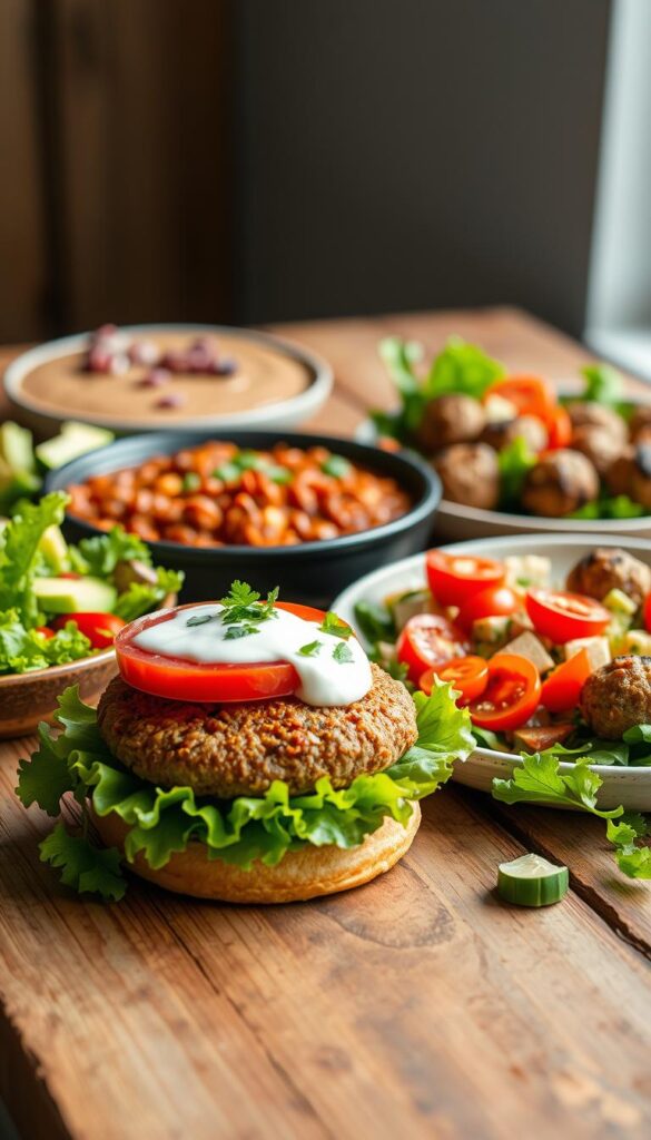 A delectable array of healthy ground turkey dishes, artfully arranged on a rustic wooden table. In the foreground, a juicy turkey burger with fresh lettuce, tomato, and a dollop of creamy yogurt-based sauce. In the middle, a hearty turkey chili topped with diced avocado and a sprinkle of chopped cilantro. In the background, a pan-seared turkey meatball skewers, accompanied by a vibrant salad of mixed greens, cherry tomatoes, and a light vinaigrette. Soft, natural lighting illuminates the scene, highlighting the vibrant colors and textures of the mouthwatering meals. The overall atmosphere conveys a sense of simplicity, nourishment, and the joy of wholesome, homemade dinners.
