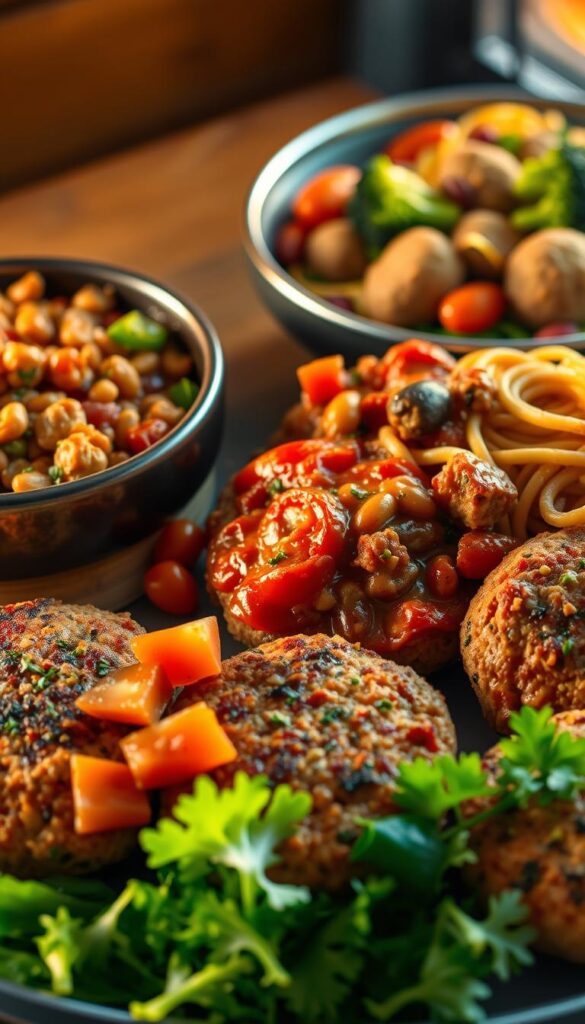 A delectable array of quick and easy ground turkey meals, prepared with vibrant vegetables, aromatic herbs, and savory seasonings. Sizzling turkey patties with crisp salad greens and juicy tomatoes in the foreground, simmering turkey chili with beans and peppers in the middle ground, and a fragrant turkey meatball stir-fry with tender noodles and broccoli in the background. Warm, golden lighting illuminates the scene, casting a cozy and inviting atmosphere. The composition is well-balanced, with a focus on the variety and simplicity of these satisfying, time-saving ground turkey dishes.