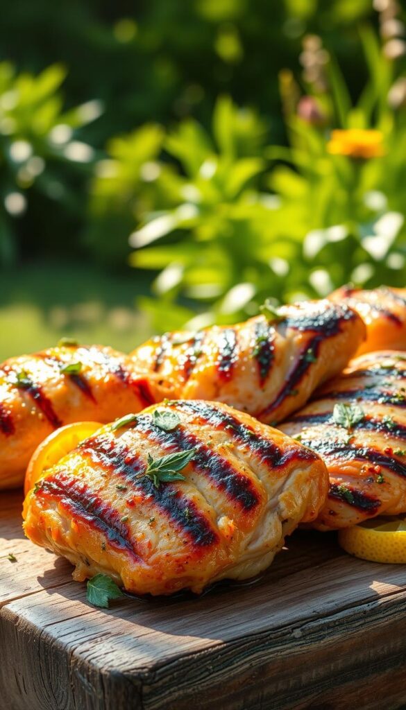 A delectable assortment of juicy, grilled chicken breasts, marinated in a blend of aromatic herbs, garlic, and tangy citrus. The succulent meat glistens under the warm, golden sunlight, positioned atop a rustic wooden surface. In the background, a lush, verdant garden provides a serene, natural backdrop, complementing the vibrant colors of the dish. The lighting casts gentle shadows, emphasizing the tender texture of the chicken. The overall composition evokes a sense of culinary sophistication and al fresco dining, perfectly capturing the essence of "Flavorful Marinades for Chicken Breast."