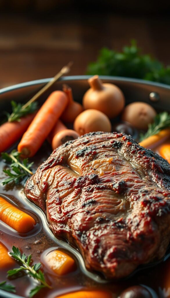 A delectable assortment of tender, juicy chuck roast recipes simmering in a rich, aromatic broth, surrounded by an array of essential ingredients. In the foreground, a succulent chuck roast glistens under warm, natural lighting, showcasing its perfect sear and tender texture. In the middle ground, an assortment of fresh carrots, potatoes, onions, and herbs create a vibrant, farm-to-table aesthetic. The background is softly blurred, allowing the focus to remain on the tempting culinary display. The overall scene radiates a cozy, comforting atmosphere, inviting the viewer to imagine the mouthwatering flavors and tender, fall-apart beef.