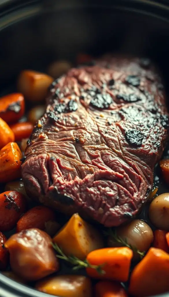 A delectable classic roast beef dish, centered on a succulent, slow-roasted beef tenderloin. The meat is perfectly seared, with a mouthwatering caramelized crust and a tender, juicy interior. Surrounded by a medley of roasted vegetables - russet potatoes, carrots, onions, and garlic - all glistening with their natural juices. The scene is bathed in warm, golden lighting, creating a cozy, inviting atmosphere. The camera angle captures the dish from a low perspective, emphasizing the comforting, hearty nature of this timeless recipe. Subtle shadows add depth and dimension, while the overall composition is balanced and visually appealing, ready to whet the appetite and showcase the deliciousness of this classic crock pot roast beef.
