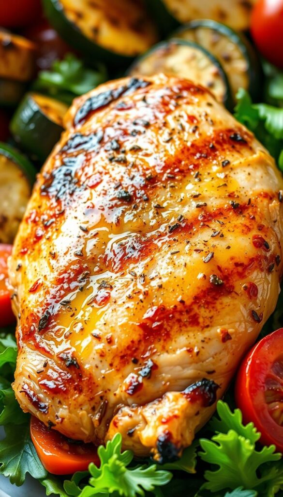A delectable close-up of a juicy, grilled chicken breast, resting atop a bed of vibrant, fresh greens. The lean cut is glistening with a light drizzle of olive oil, seasoned to perfection with a tantalizing blend of herbs and spices. In the background, a selection of colorful, roasted vegetables - such as zucchini, bell peppers, and cherry tomatoes - add a burst of complementary flavor and nutrition. The entire scene is bathed in a warm, natural lighting, captured from a slightly elevated angle to showcase the appetizing dish in an inviting, high-quality photograph.