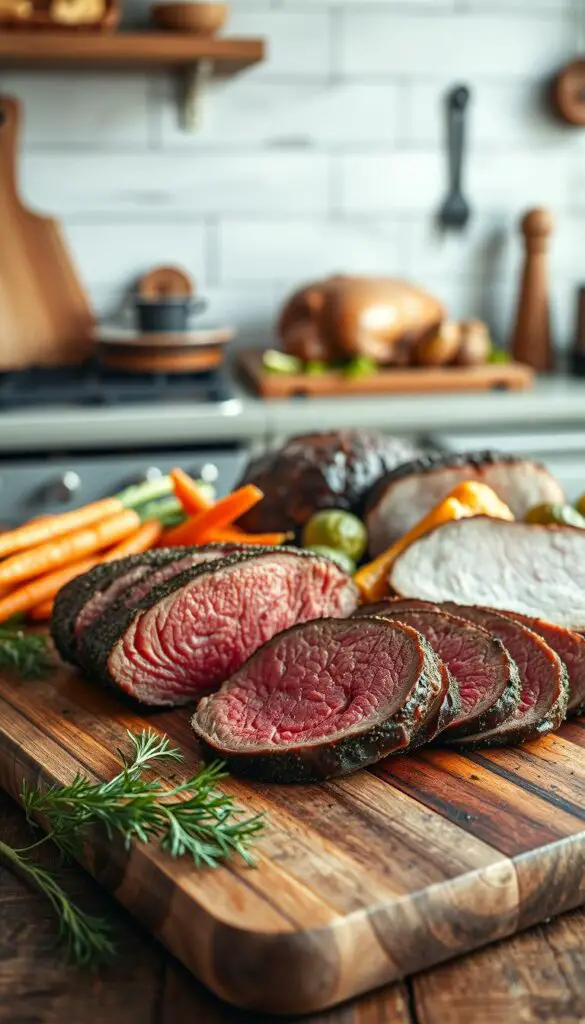 A delectable display of healthier roast beef options, captured in a soft, natural lighting. In the foreground, a succulent grass-fed roast beef, perfectly seared with a flavorful herb crust. Alongside, lean turkey breast roast and a juicy pork tenderloin, all arranged on a rustic wooden board. The middle ground features a selection of fresh, vibrant vegetables - roasted carrots, Brussels sprouts, and baby potatoes, adding color and balance. In the background, a vintage-inspired kitchen setting, with subtle textures and earth-toned accents, creating a warm, inviting atmosphere. This image embodies the essence of wholesome, delicious roast beef alternatives, perfect for the "Healthier Alternatives to Traditional Roast Beef" section of the article.