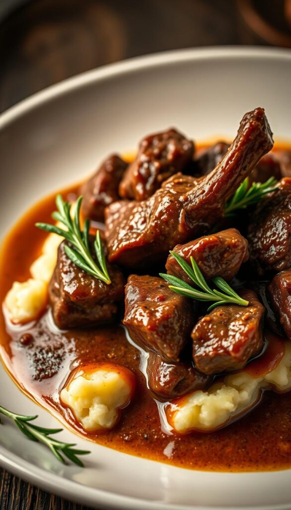 A delectable gourmet dish of tender beef tips, simmered to perfection in a rich, velvety gravy. Served on a bed of fluffy mashed potatoes, garnished with fresh sprigs of rosemary and a sprinkle of cracked black pepper. The warm lighting casts a cozy, inviting glow, highlighting the succulent texture of the meat and the glossy sheen of the sauce. Captured in a clean, modern composition, with a depth of field that draws the viewer's attention to the central focus of the dish. An elegant, sophisticated take on a classic comfort food, perfectly suited to elevate any special occasion or family dinner.
