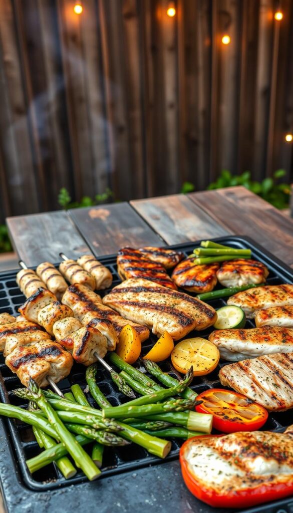 A delectable grill set against a rustic wooden backdrop, sizzling with tender meat, juicy vegetables, and fragrant herbs. The foreground showcases expertly seasoned chicken skewers, pork chops, and salmon fillets, grilled to perfection with charred edges. In the middle ground, grilled asparagus, zucchini, and bell peppers burst with vibrant colors. The background features a weathered picnic table, surrounded by lush greenery and a cozy outdoor ambiance, illuminated by warm, golden lighting that casts a inviting glow. This scene captures the essence of quick, flavorful grilling recipes that are perfect for busy weeknights.