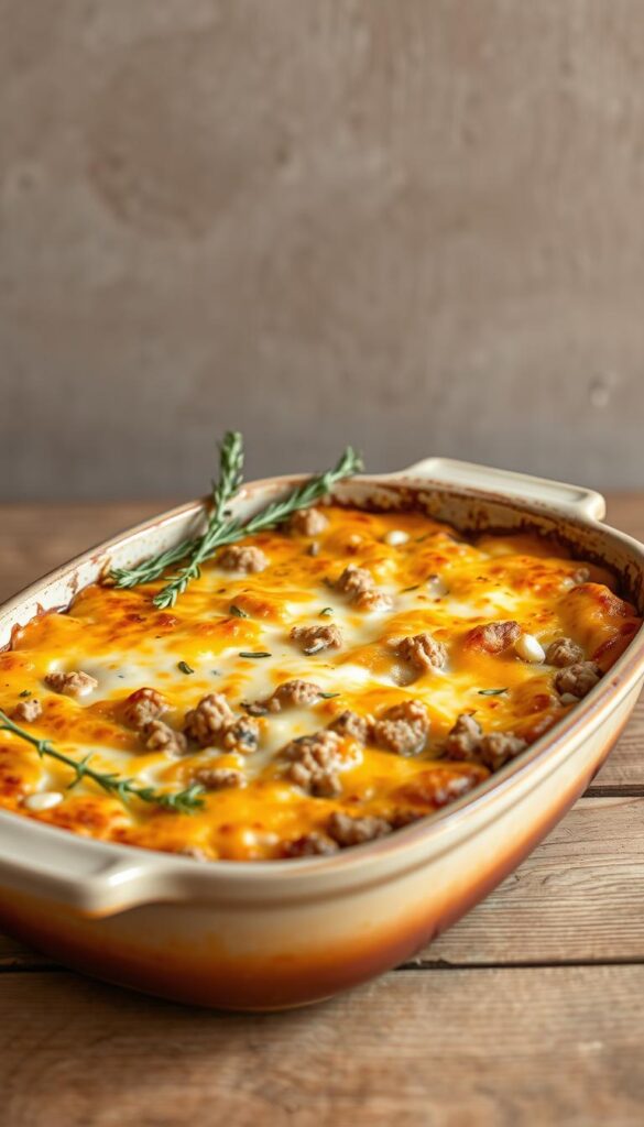 A delectable ground turkey casserole, beautifully baked in a rustic ceramic dish, sits atop a wooden table. The casserole's surface is golden-brown, with a tantalizing blend of melted cheese and savory ground turkey. Fresh herbs, such as thyme and rosemary, adorn the edge of the dish, complementing the aroma. Soft focus lighting casts a warm glow, highlighting the dish's homemade appeal. The background features a neutral, textured wall, allowing the casserole to take center stage. This image perfectly captures the comforting and appetizing essence of a ground turkey casserole, ready to be enjoyed as part of a delicious dinner.