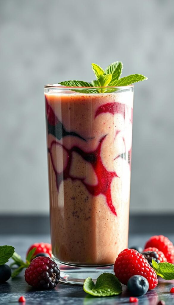 A delectable protein smoothie, brimming with vibrant ingredients, glistens under soft, natural lighting. Thick, creamy texture, with swirls of deep green kale, ruby-red berries, and a golden dollop of nut butter. Tall, clear glass vessel showcases the layered depths of this nourishing sip. Garnished with a sprig of fresh mint, lending a cooling accent. Serene, minimalist backdrop emphasizes the striking visual appeal of this quick, healthy refreshment.