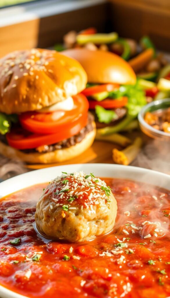 A delectable selection of ground turkey recipes for a sumptuous family dinner. In the foreground, a succulent turkey meatball nestled in a bed of steaming, herb-infused tomato sauce, garnished with freshly grated Parmesan. In the middle ground, a crisp, golden-brown turkey burger adorned with vibrant slices of tomato, crisp lettuce, and a tangy, homemade aioli. In the background, a comforting turkey-vegetable stir-fry, its vibrant colors and aromatic spices promising a nourishing and flavorful meal. The scene is illuminated by warm, natural lighting, casting a cozy, inviting atmosphere, perfect for a satisfying and family-friendly dinner.