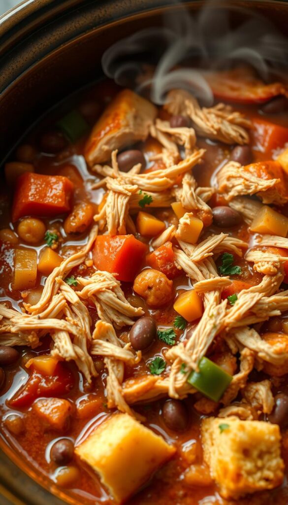 A delectable slow-cooked chicken stew simmering in a rustic crock pot, the tender shredded meat infused with savory spices and aromatic herbs. Plump chunks of tomato, earthy beans, and diced bell peppers create a vibrant, hearty texture, while wisps of steam curl upwards, hinting at the rich, comforting flavors within. Soft, golden cornbread crumbles adorn the edges, beckoning to be dipped and devoured. The scene is bathed in warm, natural lighting, casting a inviting glow and highlighting the dish's rustic, homemade appeal. An enticing, mouthwatering depiction of a satisfying Pulled Chicken Chili.