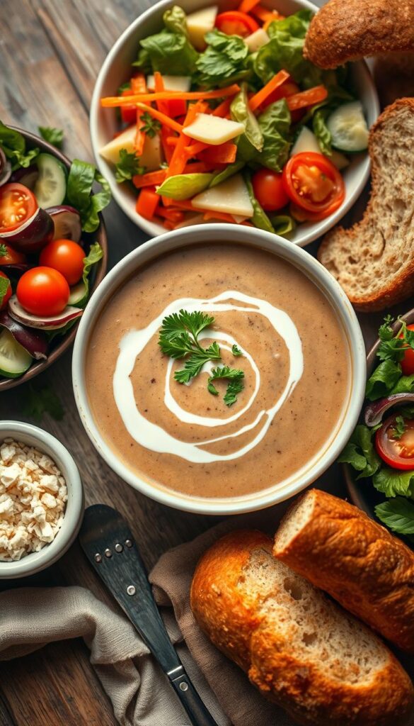 A delectable soup presentation featuring a creamy mushroom soup, accompanied by a selection of vibrant salads and tempting side dishes. The soup is served in a pristine white bowl, garnished with freshly chopped parsley and a drizzle of rich cream, creating an inviting visual. Surrounding the soup, an array of colorful salads, such as a crisp green salad with cherry tomatoes and a refreshing cucumber salad, add a complementary contrast. Warm, crusty bread and a small bowl of grated Parmesan cheese complete the scene, inviting the viewer to envision a cozy and satisfying meal. The lighting is soft and diffused, highlighting the textures and colors of the dishes, while the camera angle captures the scene from a slightly elevated perspective, providing a comprehensive and appetizing view.