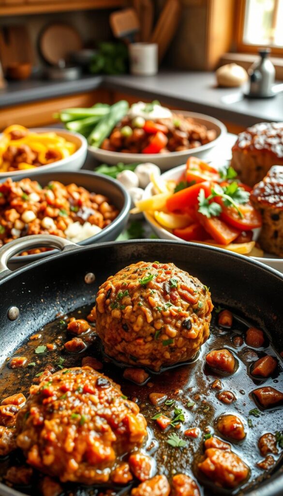 A delectable spread of flavorful ground turkey dishes, meticulously styled and artfully lit. In the foreground, a sizzling skillet showcases a vibrant turkey meatball, seasoned with a blend of fragrant herbs and spices. Surrounding it, an array of tempting entrees - a hearty turkey chili, a zesty turkey taco salad, and a savory turkey meatloaf, all beautifully plated. The middle ground features a selection of fresh ingredients, like diced onions, garlic, and vibrant bell peppers, hinting at the rich flavors within. In the background, a warm, rustic kitchen setting, with natural light streaming in, creating a cozy, inviting atmosphere. The overall scene captures the essence of delicious, versatile ground turkey recipes, perfect for an appetite-whetting article on "Delicious Ground Turkey Recipes for Dinner."