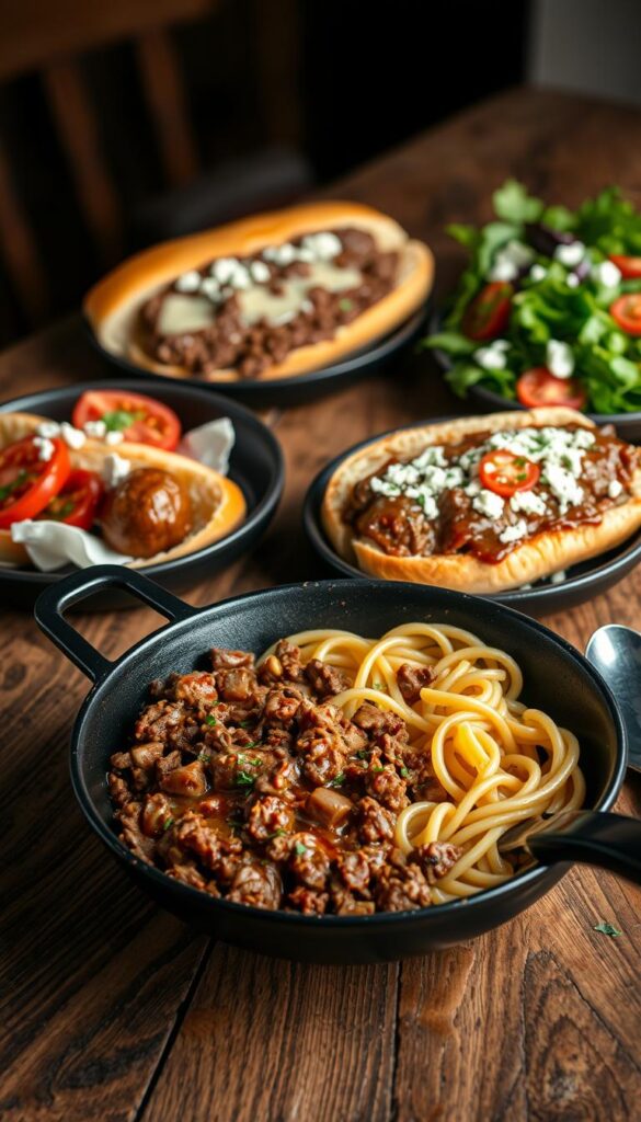 A delectable spread of hearty ground beef dishes, artfully arranged on a rustic wooden table. In the foreground, a sizzling skillet of savory ground beef stroganoff, accompanied by a steaming pile of buttery egg noodles. In the middle ground, a juicy meatball sub with melted cheese, nestled between fresh-baked bread. Further back, a vibrant salad with crisp greens, sliced tomatoes, and crumbled feta, complementing the main dishes. Soft, indirect lighting casts a warm, homey glow, creating an inviting atmosphere. The composition is balanced, with a focus on the mouthwatering ground beef recipes that are sure to inspire dinner ideas.