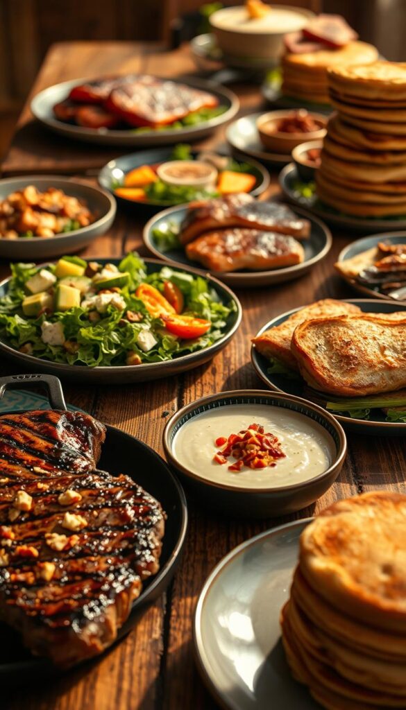 A delectable spread of high-protein, low-carb dishes arranged on a rustic wooden table, bathed in warm, golden light. In the foreground, a juicy steak sizzles on a cast-iron skillet, its edges caramelized to perfection. Nearby, a vibrant green salad with avocado, feta, and toasted nuts beckons. In the middle ground, a hearty bowl of creamy cauliflower soup, garnished with crispy bacon bits, steams invitingly. The background reveals a bountiful display of grilled salmon fillets, roasted vegetables, and a stack of fluffy, protein-packed pancakes, all photographed with a soft, natural focus to highlight the mouth-watering details.