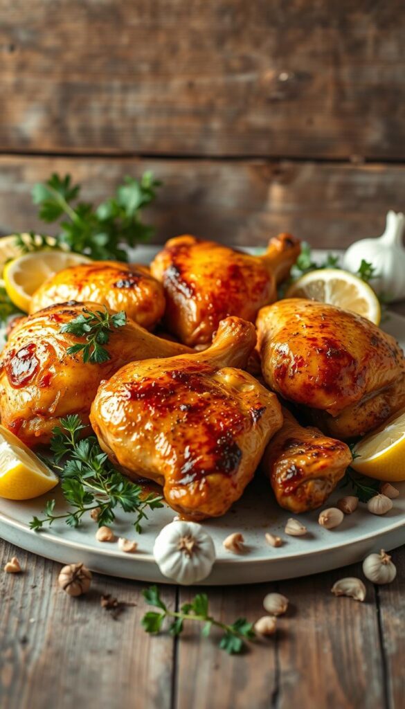A delectable spread of perfectly cooked, golden-brown chicken thighs set against a rustic, wooden backdrop. The thighs, juicy and glistening, are arranged in a visually appealing manner, surrounded by an assortment of aromatic herbs, garlic, and lemon wedges. The lighting is warm and natural, casting a soft, inviting glow on the scene. The overall composition is balanced and symmetrical, capturing the mouthwatering essence of these delicious chicken thigh dishes, ready to be savored on any occasion.