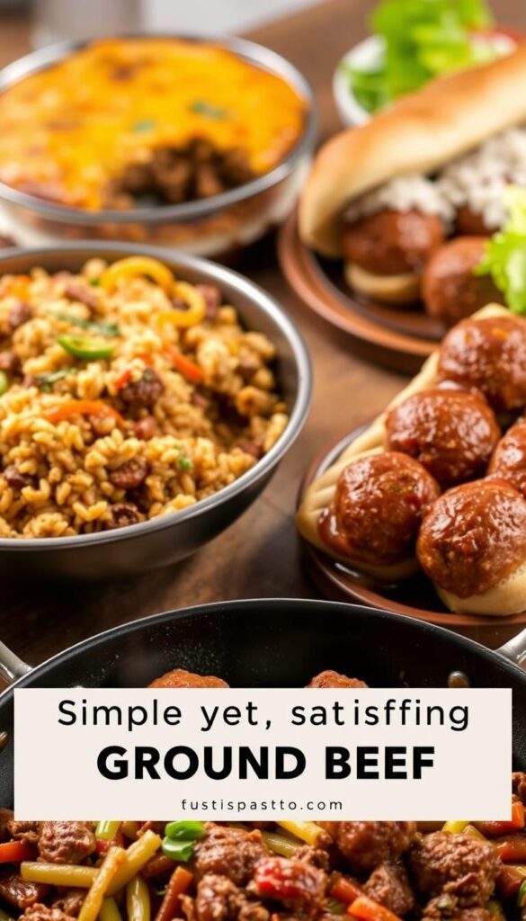 A delectable spread of simple yet satisfying ground beef dinner ideas, captured in a warm, inviting atmosphere. In the foreground, a sizzling skillet showcases a savory beef and vegetable stir-fry, its aromas beckoning. In the middle ground, a hearty beef and rice casserole, its golden-brown crust glistening under soft, diffused lighting. In the background, a classic meatball sub sandwich, the ground beef meatballs nestled in a toasted bun, accompanied by a side salad. The overall scene exudes a comforting, homemade ambiance, inviting the viewer to imagine themselves indulging in these effortless, flavorful ground beef dinner options.