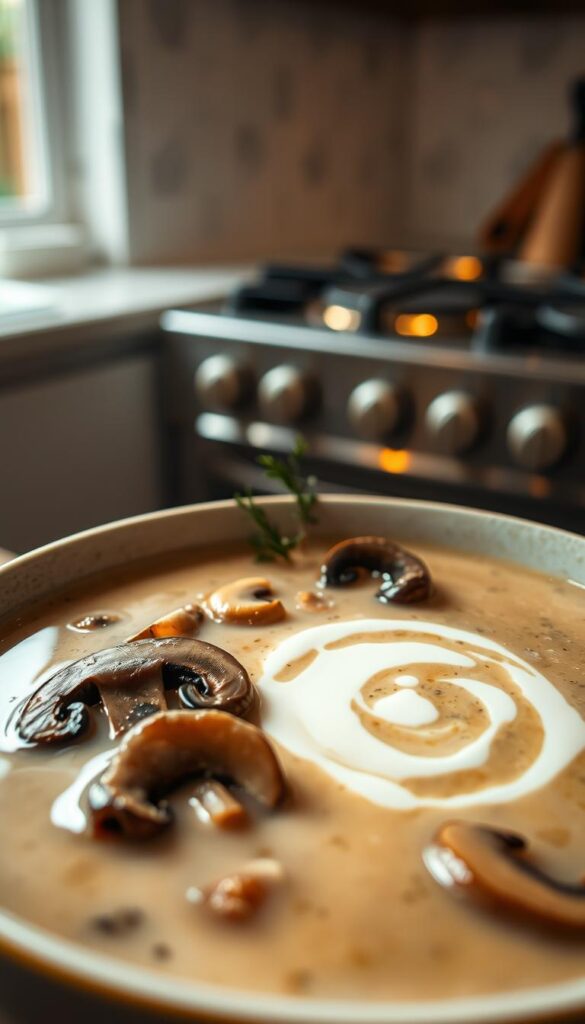A delicate and creamy bowl of quick mushroom soup, with a rich, velvety texture. In the foreground, a variety of freshly sautéed mushrooms – earthy cremini, nutty shiitake, and delicate oyster – gently floating in a silky broth. In the middle ground, a swirl of heavy cream adding a luxurious creaminess, while sprigs of fresh thyme and a drizzle of high-quality olive oil provide depth of flavor. The background is a softly-lit kitchen scene, with the warm glow of a gas stove lending an inviting atmosphere. Captured with a shallow depth of field, drawing the viewer's attention to the star of the dish – the quick and comforting mushroom soup.