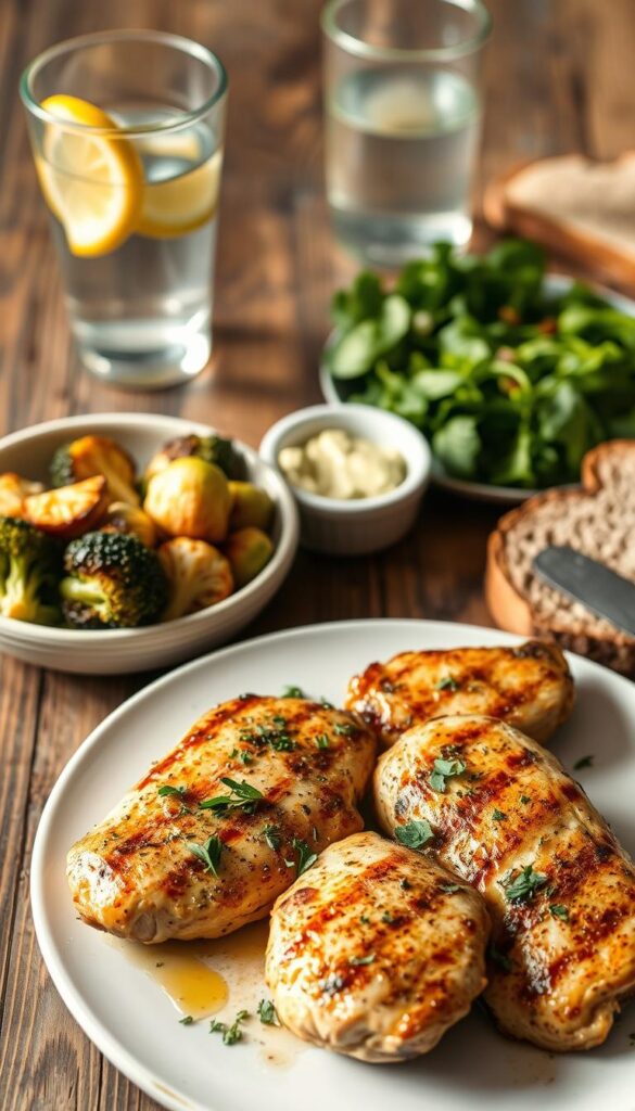 A delicious high protein low carb lunch spread on a rustic wooden table. In the foreground, a plate of grilled chicken breast, garnished with fresh herbs and a light lemon-garlic dressing. Next to it, a small bowl of roasted vegetables - broccoli, cauliflower, and Brussels sprouts, drizzled with olive oil. In the middle, a crisp green salad with a creamy avocado dressing. In the background, a glass of water with lemon slices and a piece of whole-grain toast with a light smear of almond butter. Soft, natural lighting casts a warm glow over the scene, creating an inviting and nutritious atmosphere.