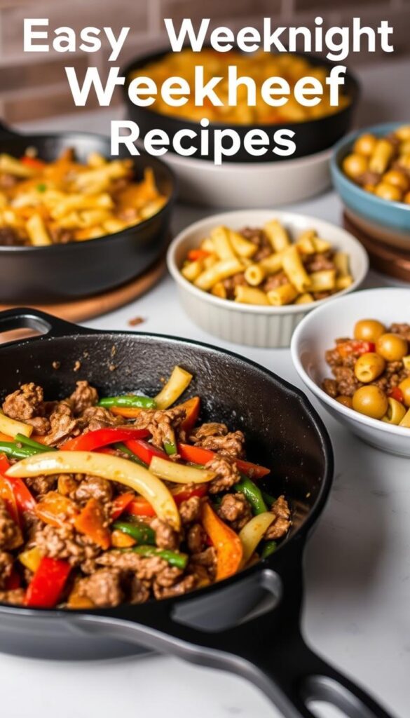 A delicious spread of easy weeknight ground beef recipes, bathed in warm, inviting lighting and captured with a wide-angle lens. In the foreground, a hearty beef and vegetable stir-fry sizzles in a cast-iron skillet, the beef perfectly browned and the vegetables crisp-tender. In the middle ground, a comforting beef and pasta casserole, its creamy sauce and melted cheese beckoning. In the background, a simple beef and potato hash, the potatoes crisped to a golden-brown, the beef infusing every bite with savory goodness. The overall scene exudes a cozy, homemade atmosphere, perfect for a busy family's weeknight dinner.
