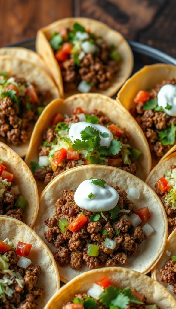 A delicious spread of ground beef tacos, the centerpiece of a mouthwatering Mexican feast. Soft tortilla shells cradle a savory filling of browned ground beef, seasoned with aromatic spices, diced onions, and fragrant cilantro. Toppings of shredded lettuce, diced tomatoes, and a dollop of creamy sour cream adorn the tacos, creating a vibrant and visually appetizing display. Warm lighting casts a cozy glow, highlighting the textural contrast between the crisp shell and the succulent beef. The entire scene is set against a rustic, wooden backdrop, evoking the casual yet flavorful atmosphere of a authentic taco night.