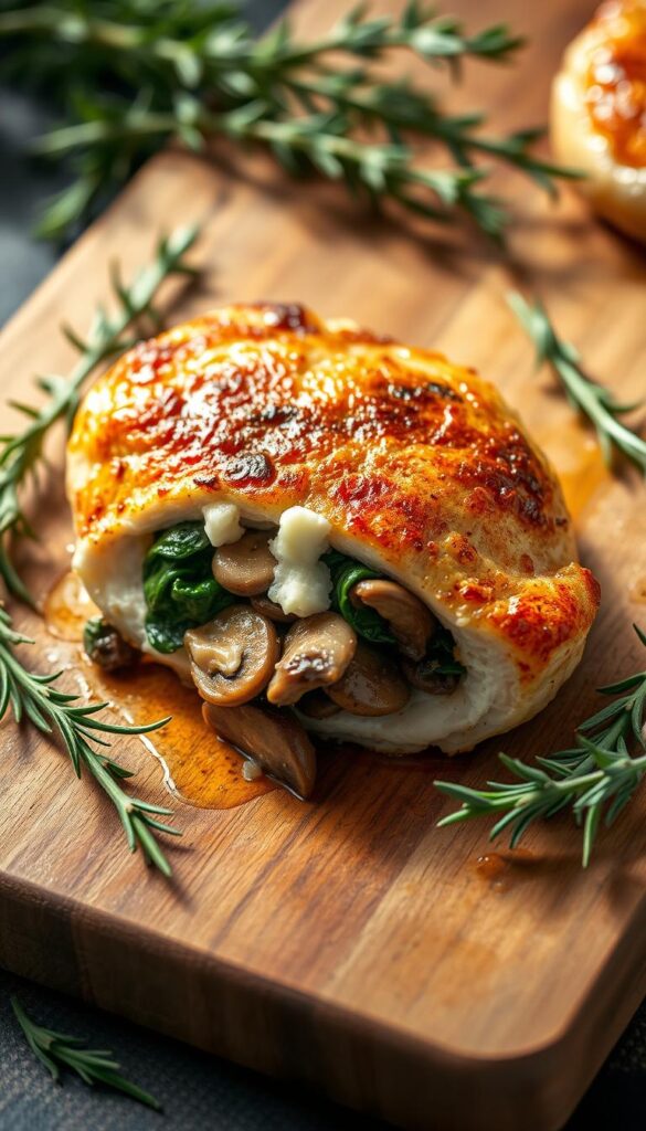 A deliciously stuffed chicken breast, perfectly seared with a golden-brown crust, rests on a wooden cutting board. The juicy, tender meat is filled with a savory blend of sautéed mushrooms, spinach, and tangy feta cheese, creating a mouthwatering harmony of flavors. Vibrant sprigs of fresh thyme and rosemary frame the dish, adding a touch of rustic elegance. Soft, natural lighting illuminates the scene, casting warm shadows and highlights that accentuate the tempting textures. The overall composition evokes a sense of culinary artistry, inviting the viewer to imagine the satisfying experience of sinking their teeth into this delectable stuffed chicken creation.