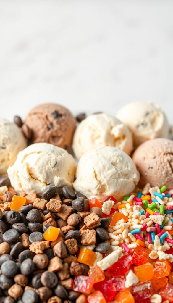 A delightful arrangement of ice cream mix-ins against a crisp, light background. In the foreground, an assortment of colorful toppings and mix-ins such as chocolate chips, crushed cookies, chopped nuts, sprinkles, and candied fruit pieces. The middle ground features scoops of creamy, smooth ice cream in various flavors, creating a tempting display. The background is bathed in soft, natural lighting, highlighting the textures and colors of the ingredients. The overall composition evokes a sense of indulgence and creativity, perfectly capturing the spirit of homemade ice cream with customizable mix-ins.