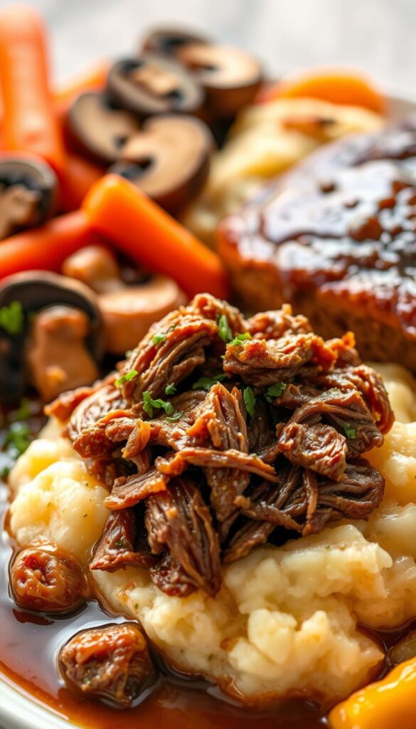 A delightful arrangement of tender pot roast leftovers, creatively reimagined. In the foreground, shredded beef nestled atop a bed of fluffy mashed potatoes, garnished with a sprinkle of fragrant herbs. The middle ground features a savory gravy, glistening with rich flavors, perfectly complementing the meat and potatoes. In the background, a scatter of roasted vegetables - vibrant carrots, earthy mushrooms, and tender onions - adding texture and depth to the composition. The lighting is soft and warm, casting a cozy glow over the scene, inviting the viewer to imagine the comforting aroma. Captured with a shallow depth of field, the focus draws the eye to the star of the dish - the flavorful pot roast leftovers, reimagined in a delectable and visually appealing way.