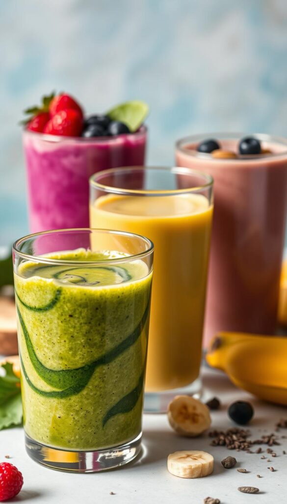 A delightful array of colorful, creamy protein smoothies tantalizes the senses. In the foreground, a glass of vibrant, swirling green smoothie with a thick, frothy consistency, packed with nutrient-dense kale, spinach, and avocado. Beside it, a vibrant purple smoothie, blended with antioxidant-rich berries and a sprinkle of chia seeds. In the middle ground, a luscious, golden-hued smoothie, infused with the rich, creamy goodness of almond milk, banana, and a scoop of vanilla-flavored protein powder. The background features a harmonious blend of complementary hues, setting a refreshing, wholesome atmosphere. Soft, natural lighting illuminates the scene, highlighting the smooth, velvety textures and inviting the viewer to indulge in these delectable, nutritious sips.